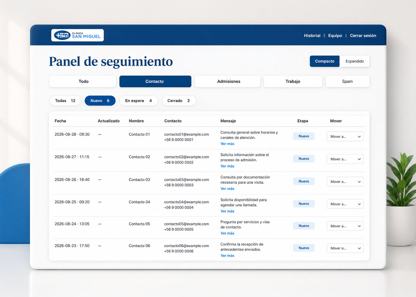 Panel de seguimiento interno en pantalla de portátil: bandeja de consultas filtrada por tipo y por etapa, con fecha, nombre, contacto, mensaje y un selector para mover cada caso de etapa. Datos ficticios