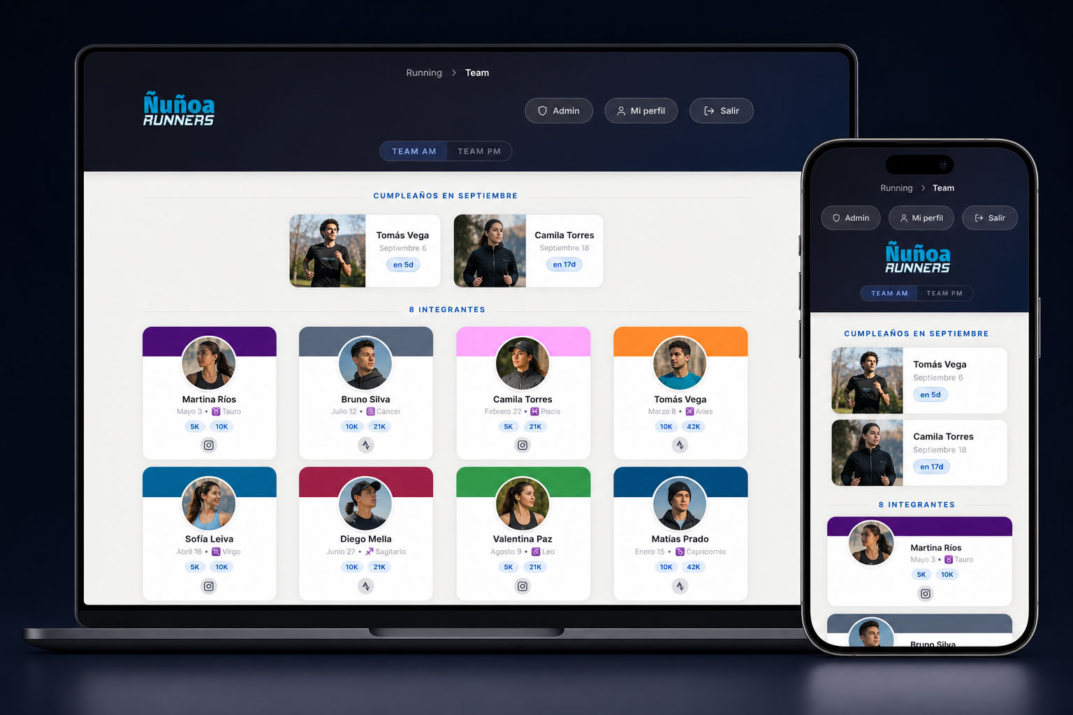 Mockup de la plataforma interna de Ñuñoa Runners con perfiles ficticios en sus versiones de escritorio y móvil