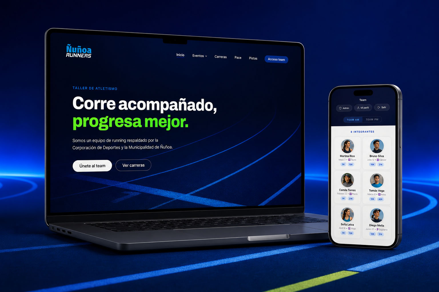 Sitio público y plataforma privada de Ñuñoa Runners presentados en un computador y un teléfono sobre una pista azul