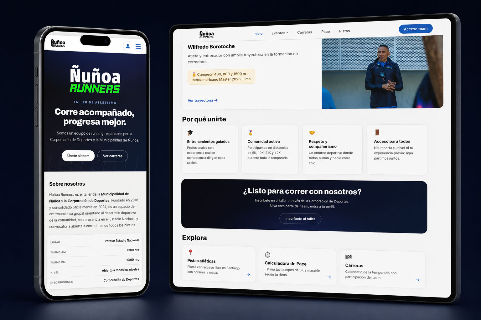 Mockup del sitio público de Ñuñoa Runners en sus versiones móvil y de escritorio