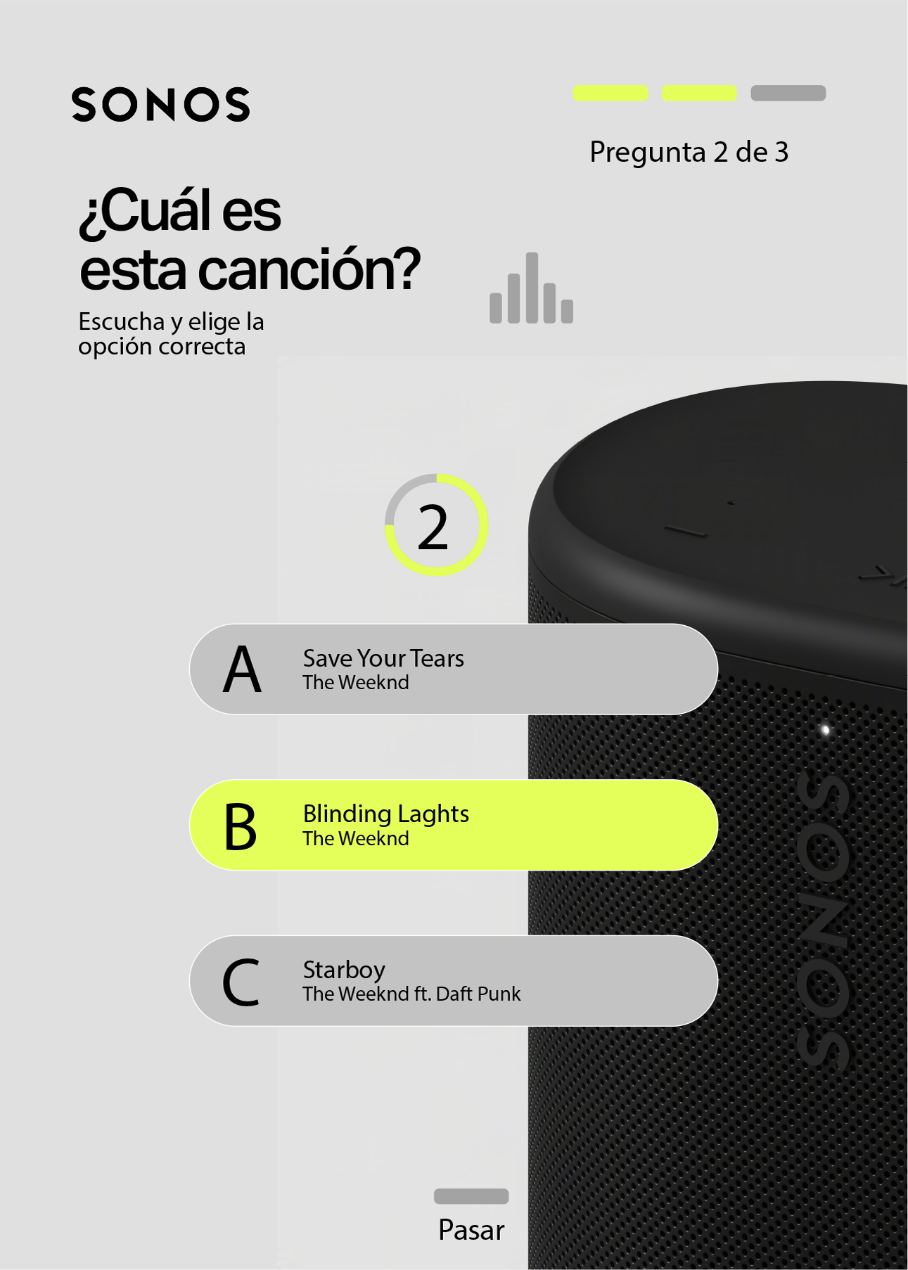 Pantalla de partida de la instancia de Chile: ¿Cuál es esta canción?, pregunta 2 de 3, con el contador de diez segundos y tres alternativas sobre la imagen del parlante