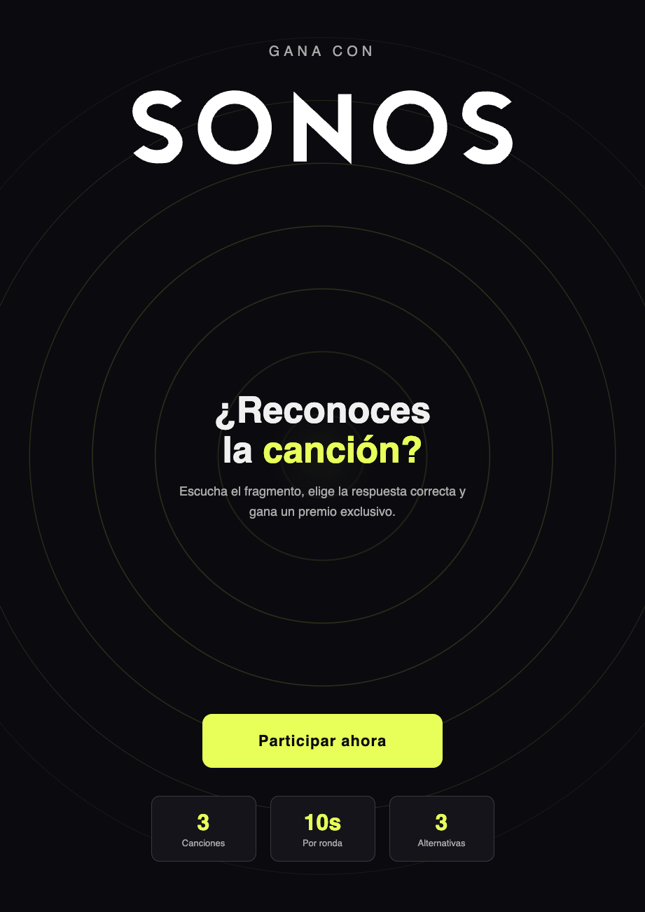 Pantalla de inicio del prototipo: ¿Reconoces la canción?, con el botón Participar ahora y los tres datos de la partida: 3 canciones, 10 segundos por ronda y 3 alternativas